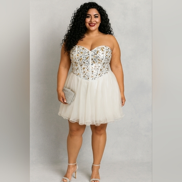 Deb Dresses & Skirts - Deb Strapless White and Gold Dress. Size 22. Chiffon Flare Skirt